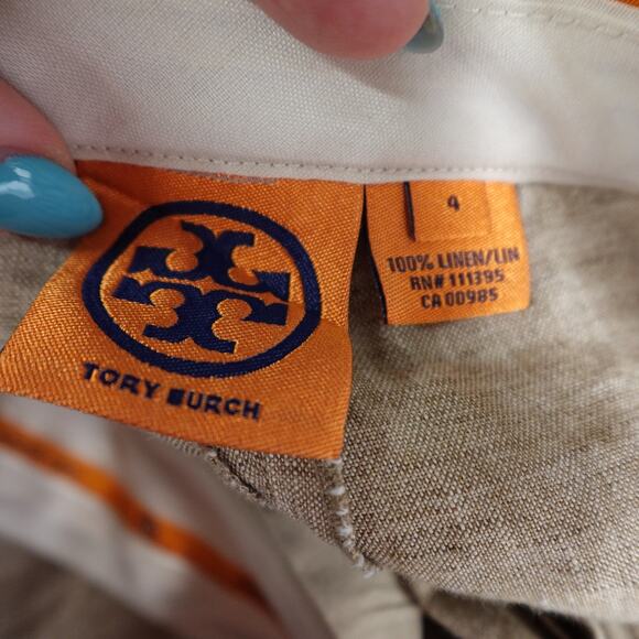 Tory Burch Pants Women 4 Linen Wide Leg Cuffed Tan Brown Beachy Preppy Lagenlook - Picture 8 of 11